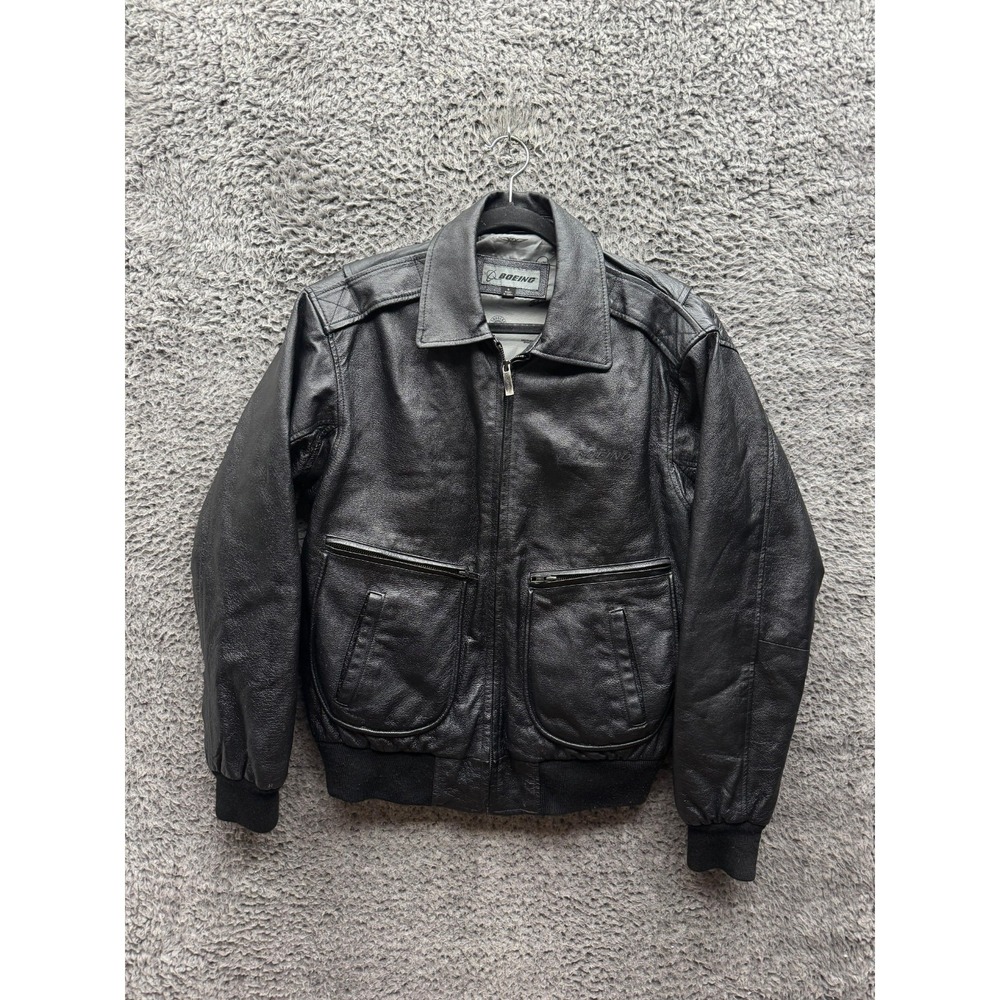 Boeing Authentic Leather Flight Aviator Bomber Jacket Black Mens Size S